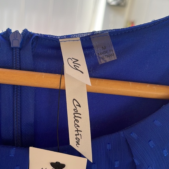 NY Collection - Blue Short Sleeve Belted Swiss Dot Dress - Medium - Picture 12 of 14